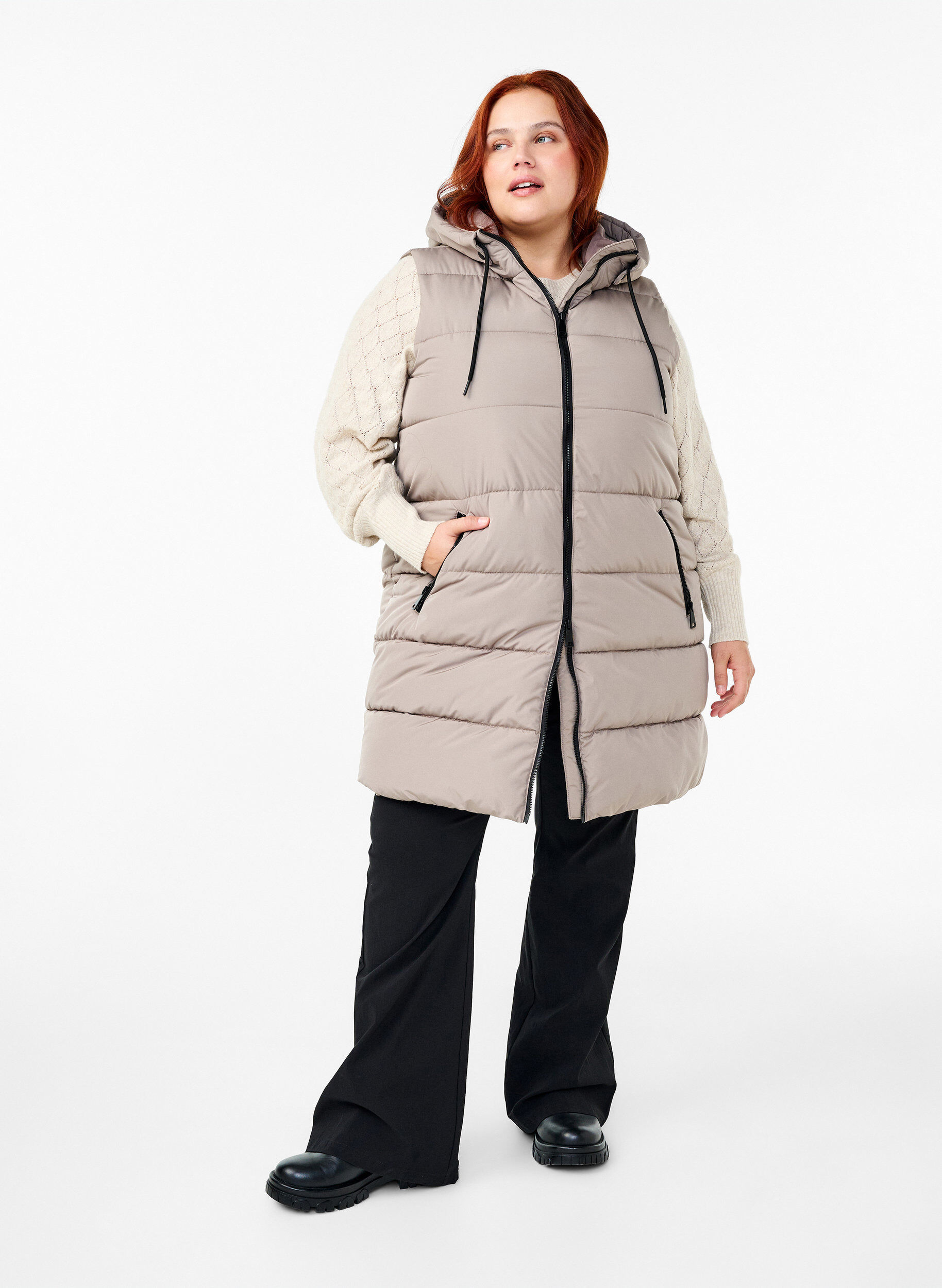 Zizzifashion Long vest with hood and pockets, Beige, Model image number 1