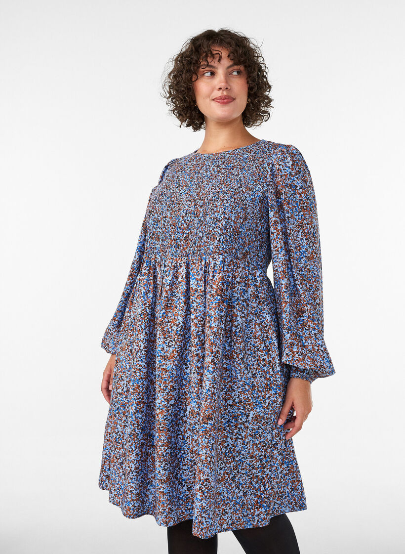 Viscose dress with smock and an all-over pattern, Light Blue, Model image number 0
