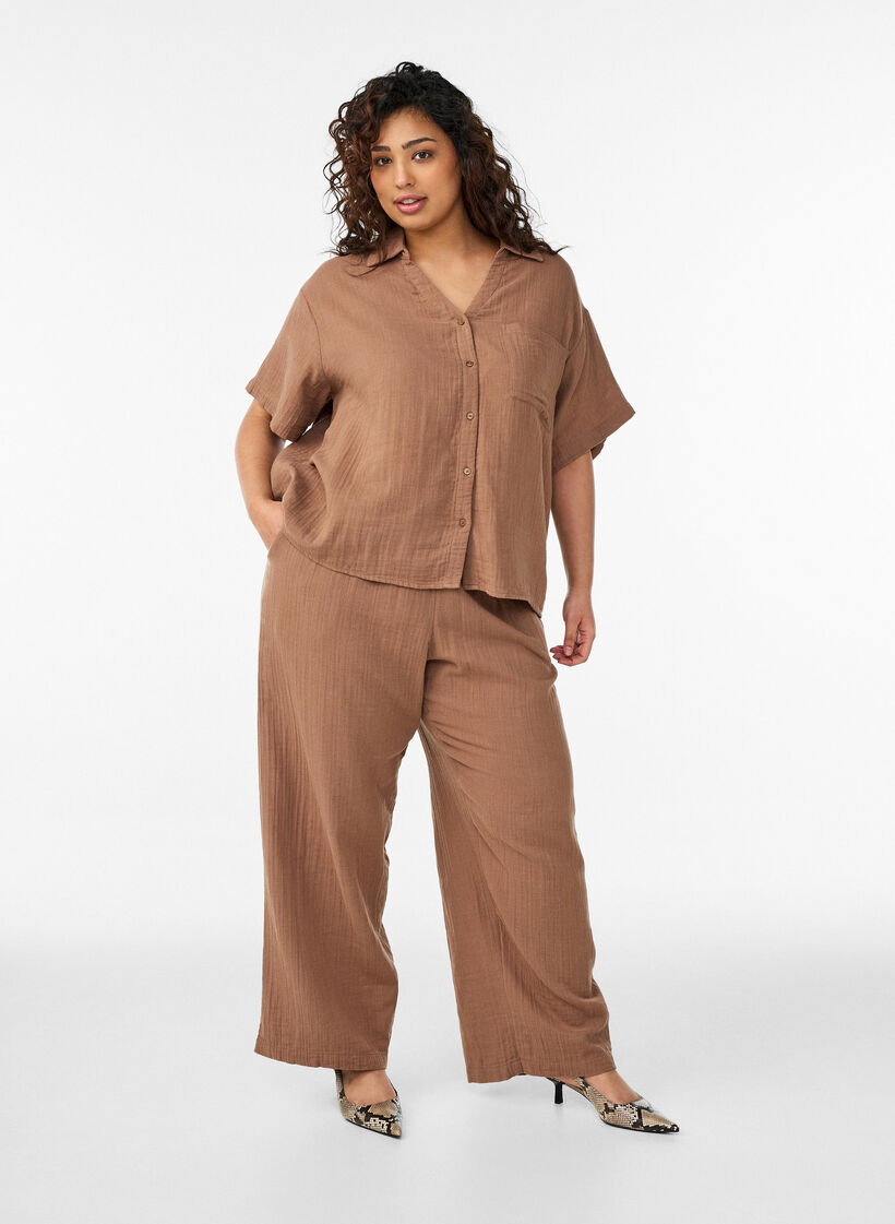 Cotton muslin blouse with short sleeves, Brown, Model image number 1