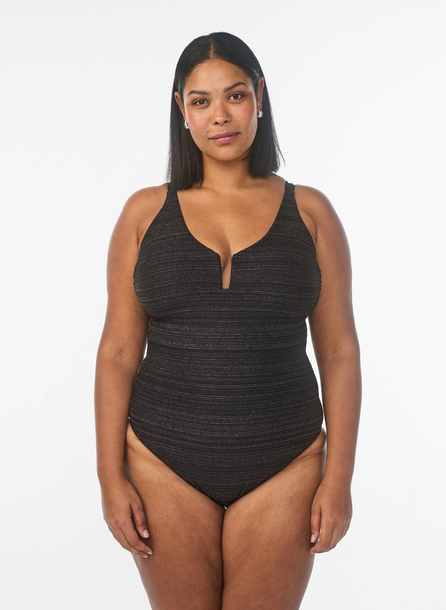 Zizzifashion Swimsuit with textured stripe and front detail, Black, Model image number 0