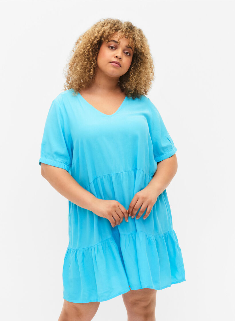 Single colored viscose tunic with short sleeves, Bachelor Button, Model image number 0