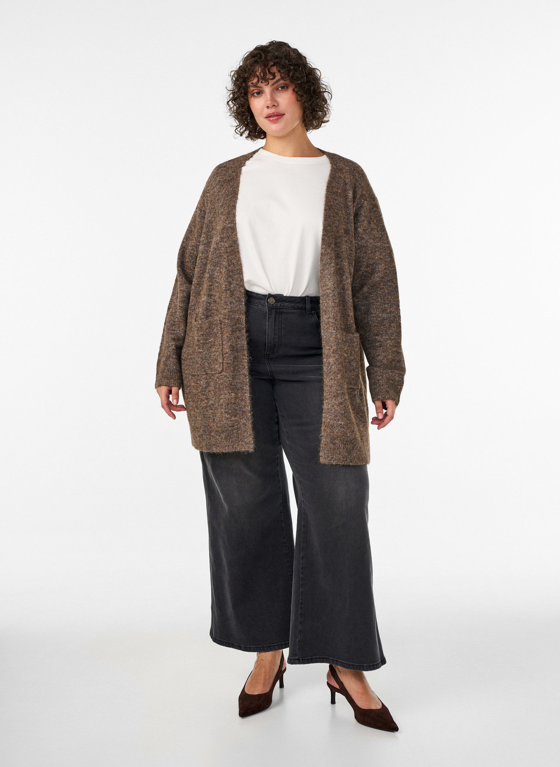 ZizzifashionLong cardigan with pockets, Brown, Model image number 1