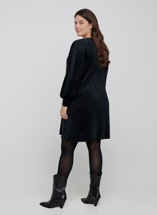 Velour dress with long puff sleeves, Black, Model image number 1