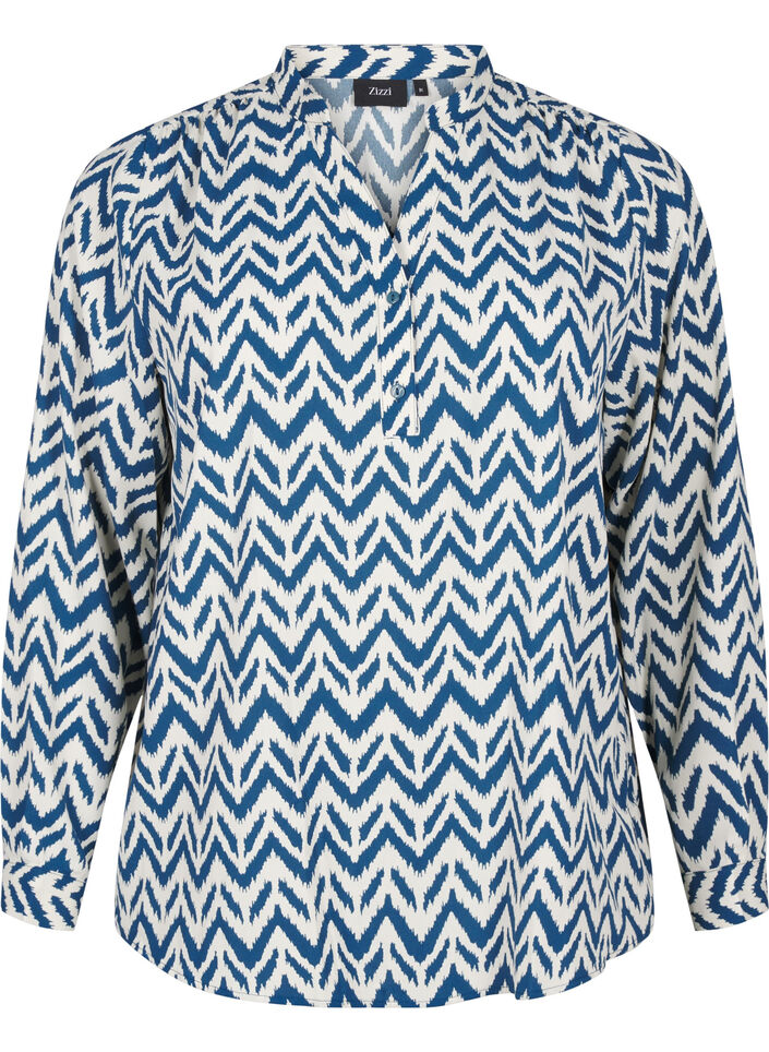 Long-sleeved shirt blouse with V-neck, OFF WHITE ZIG ZAG, Packshot image number 0