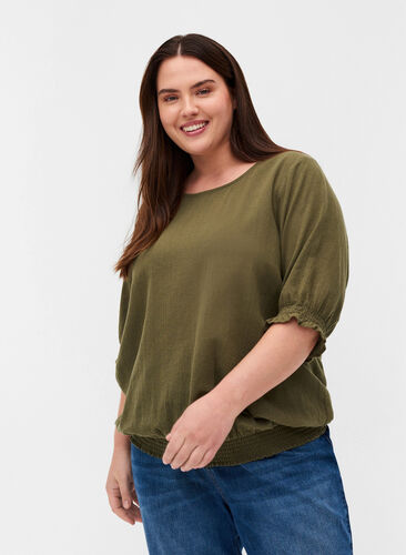 Short-sleeved cotton blouse with smock, Ivy Green, Model image number 0