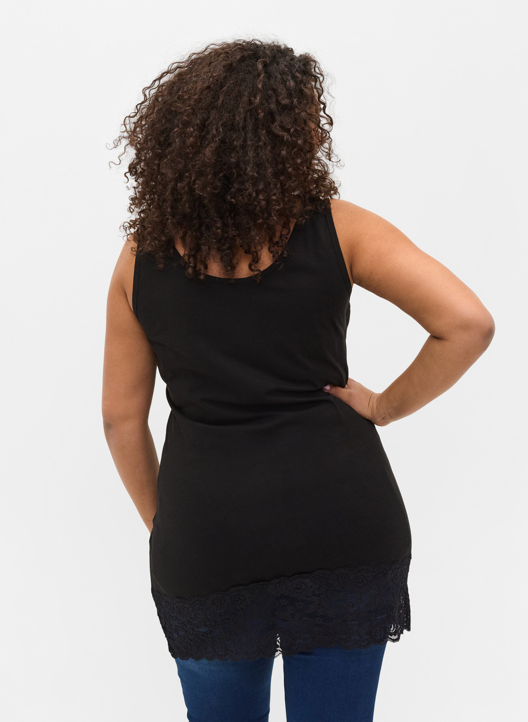 Zizzifashion Long cotton top with lace trim , Black, Model image number 1