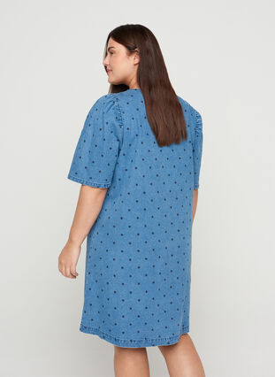 Dotted denim dress with short puff sleeves, Blue denim w. Dot, Model image number 1