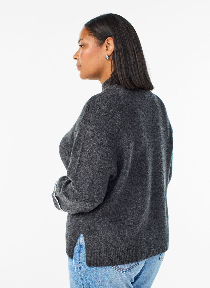 Knitted blouse with a high neck and contrast detail, Dark Grey, Model image number 2