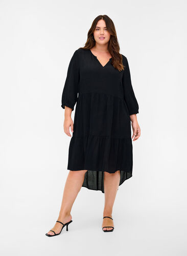 A-line viscose dress with 3/4 sleeves, Black, Model image number 0