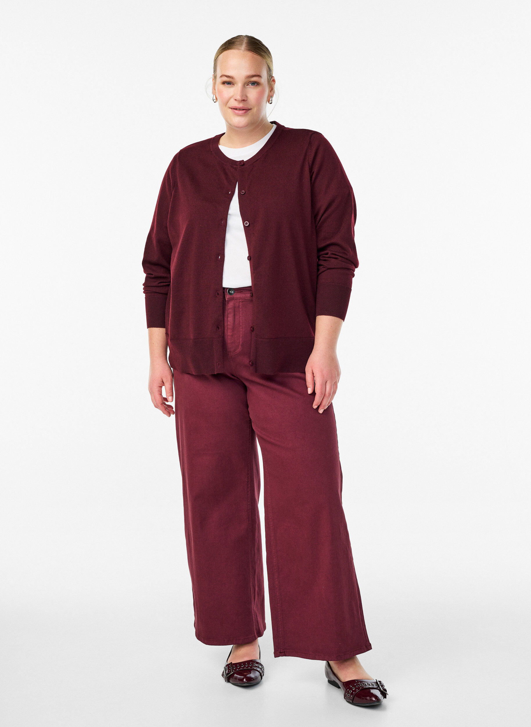 ZizzifashionFine-knit cardigan with round neck, Red, Model image number 1