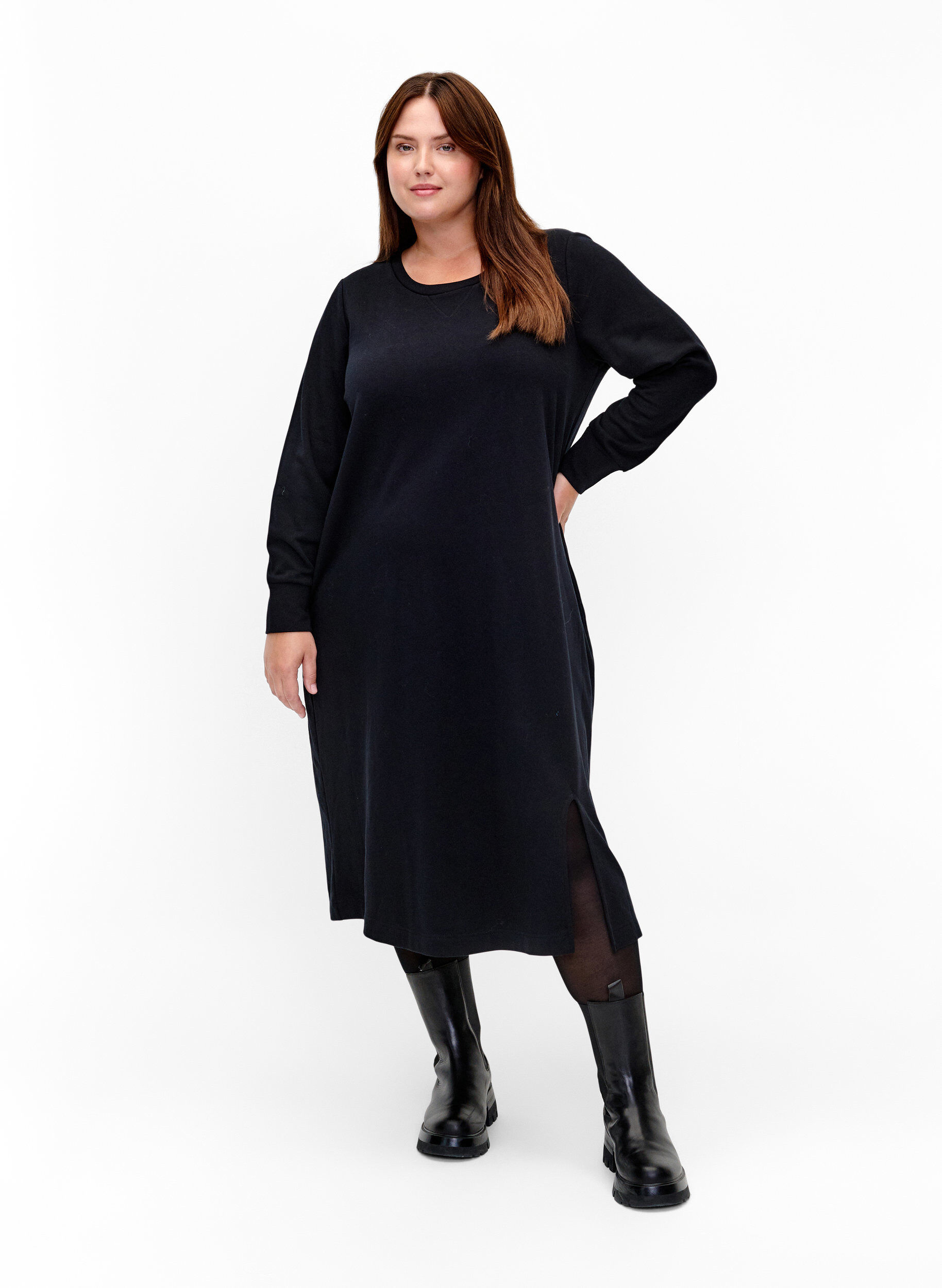 Zizzifashion Cotton sweater dress with pockets, Black, Model image number 0