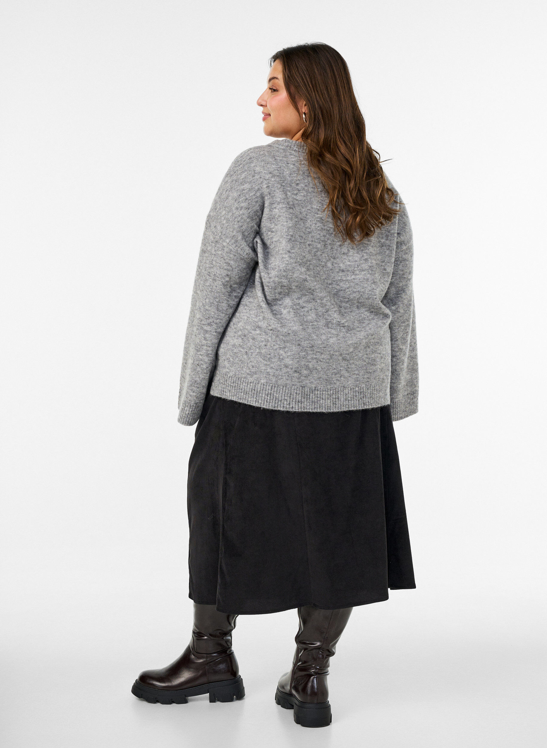 ZizzifashionA-line corduroy skirt with buttons, Black, Model image number 2