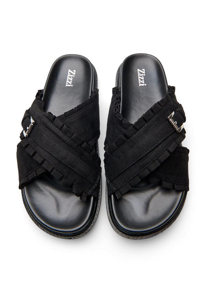 Sandals with crossed straps and ruffle edges, Black, Packshot image number 3
