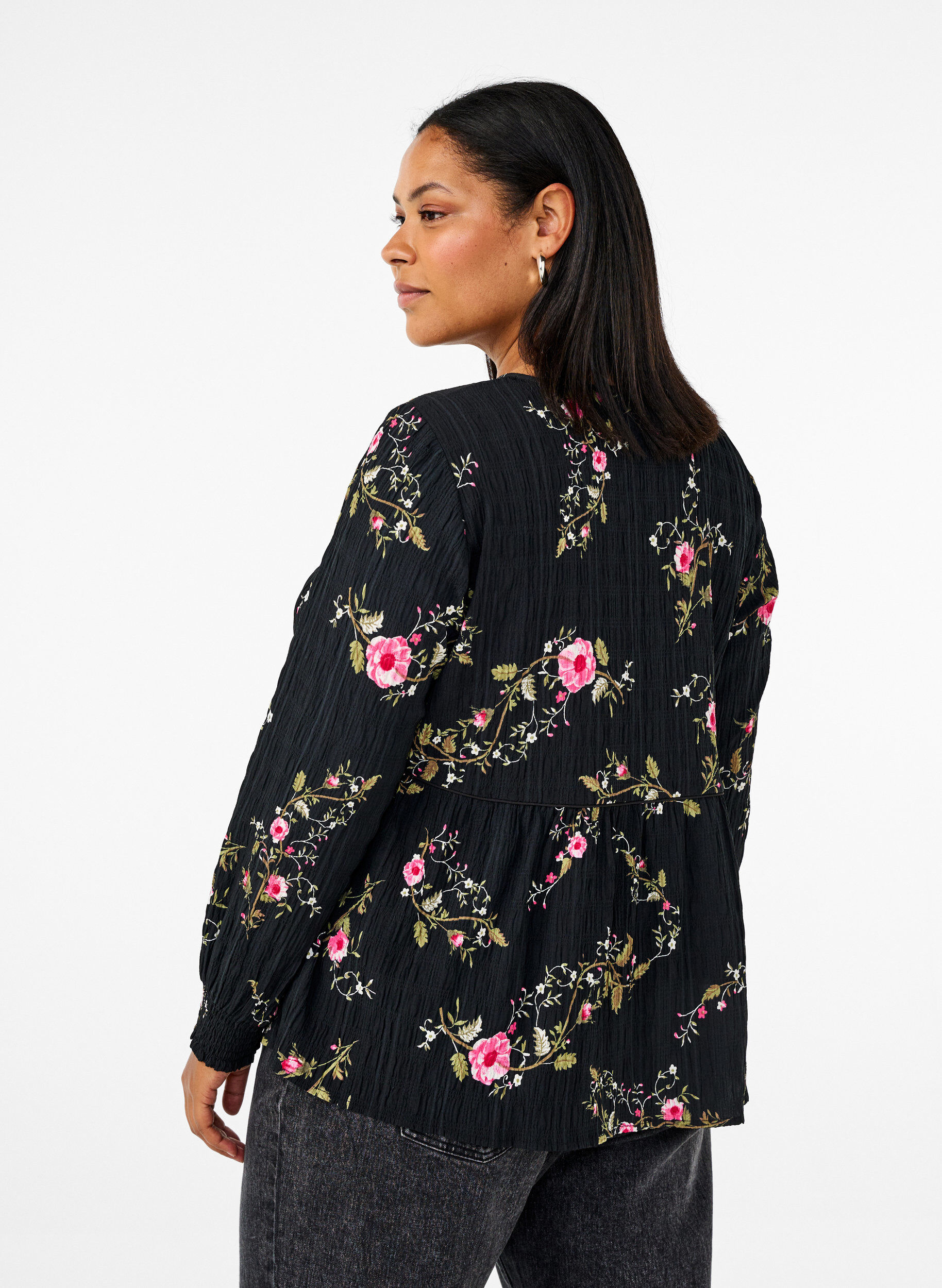 Zizzifashion Long-sleeved blouse with floral print, Black, Model image number 2