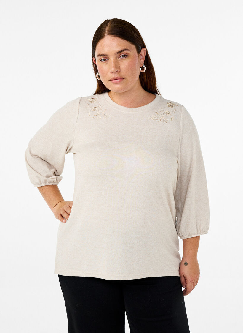 Blouse with floral embroidery and 3/4 sleeves, Oatmeal Melange, Model image number 0