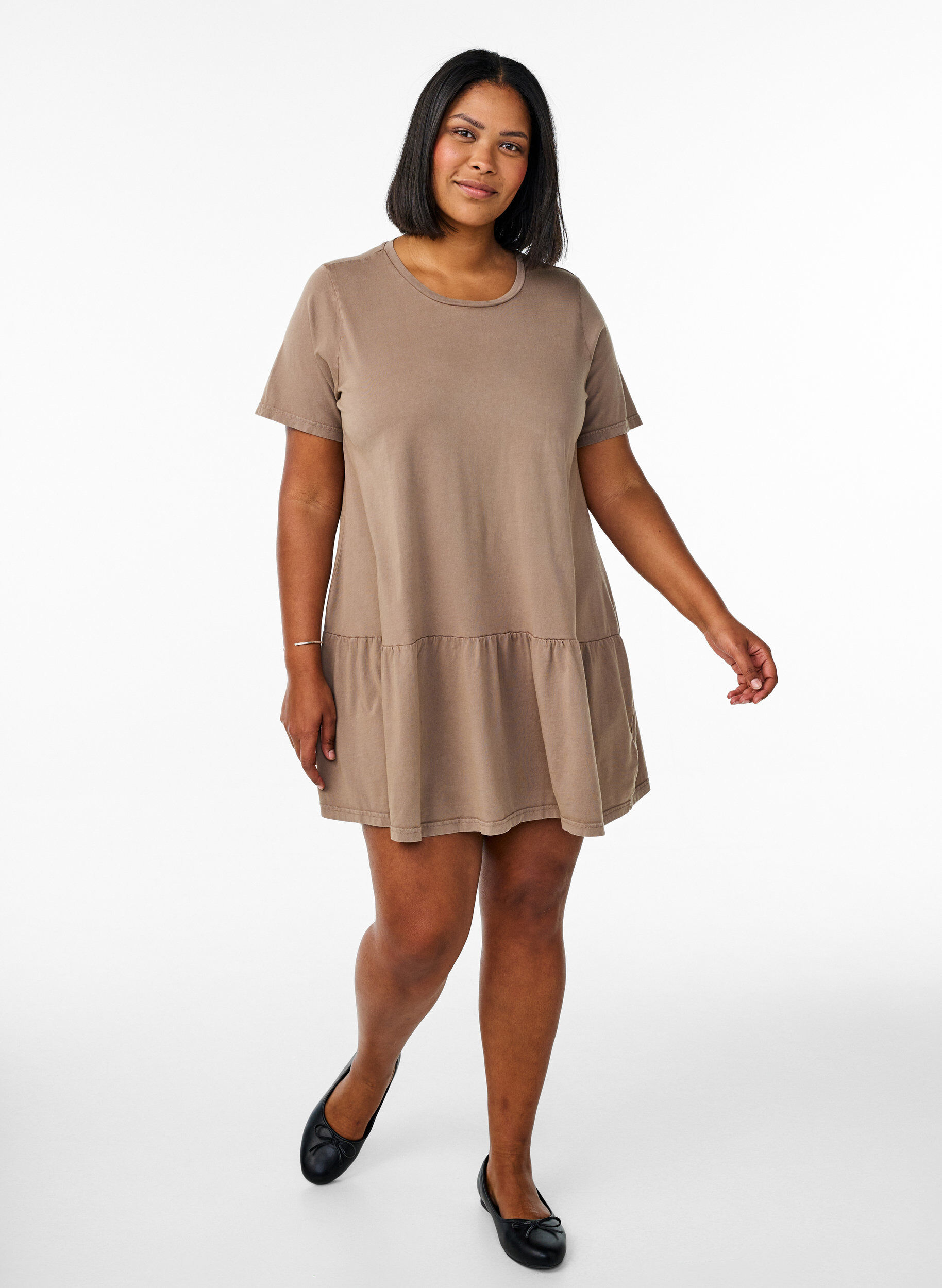 Zizzifashion Short A-line dress with a washed look, Brown, Model image number 1