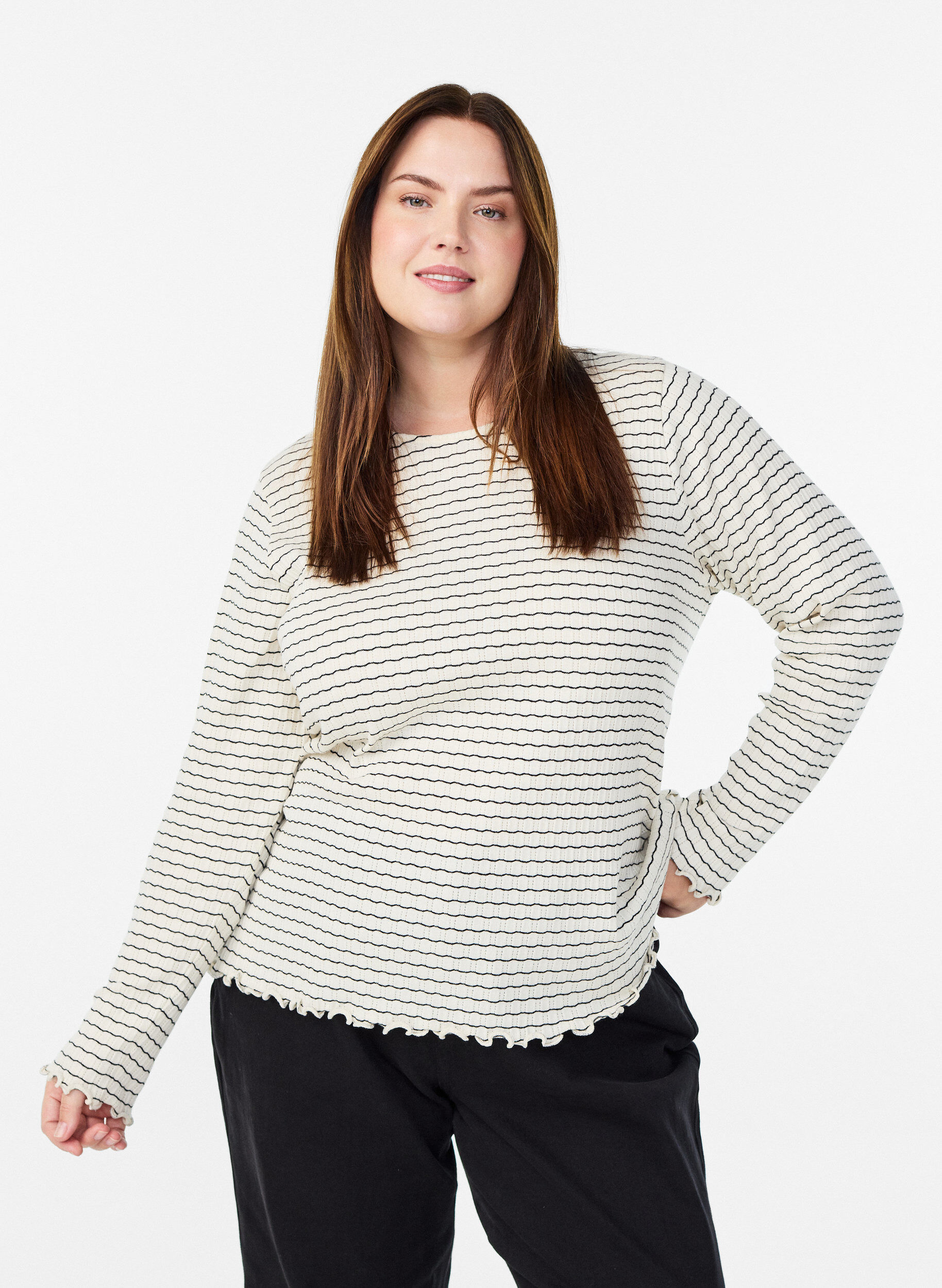 Striped jersey blouse with wavy edges, White, Model