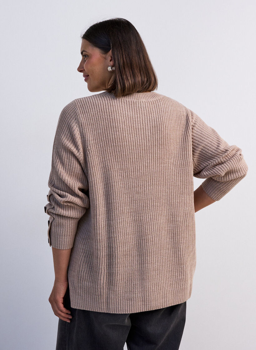 Knitted blouse with ribbed texture and button details, Beige, Model image number 2