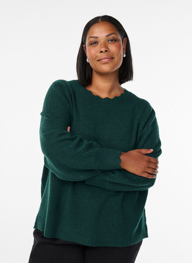 Knitted blouse with wavy edges, Green, Model image number 0