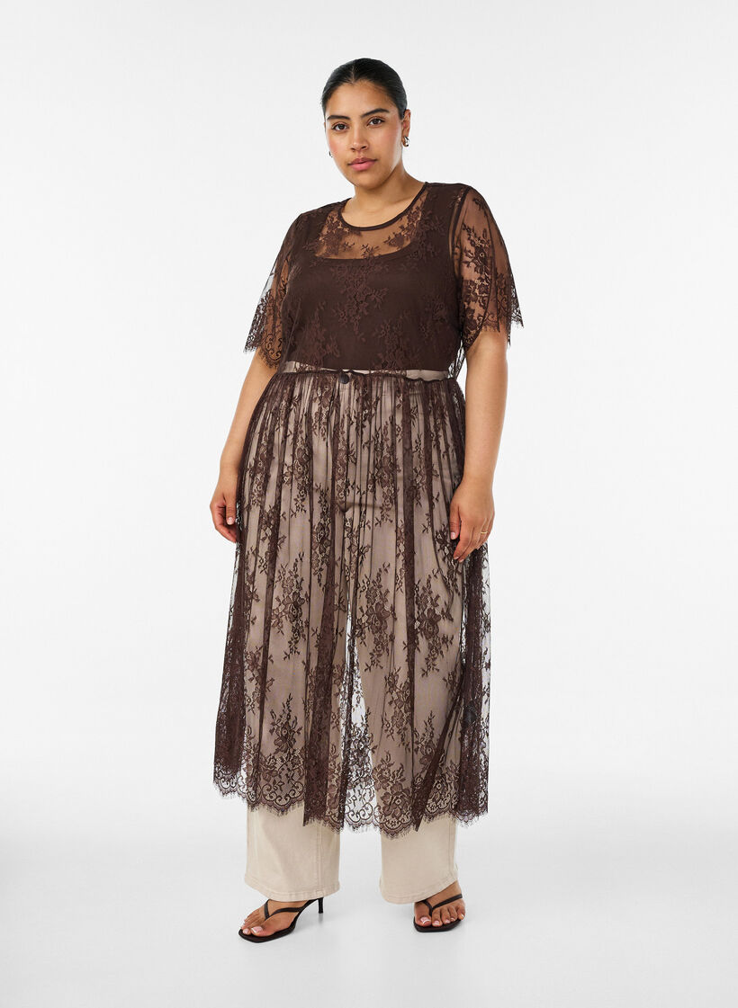 Sheer lace midi dress with short sleeves, Brown, Model image number 0