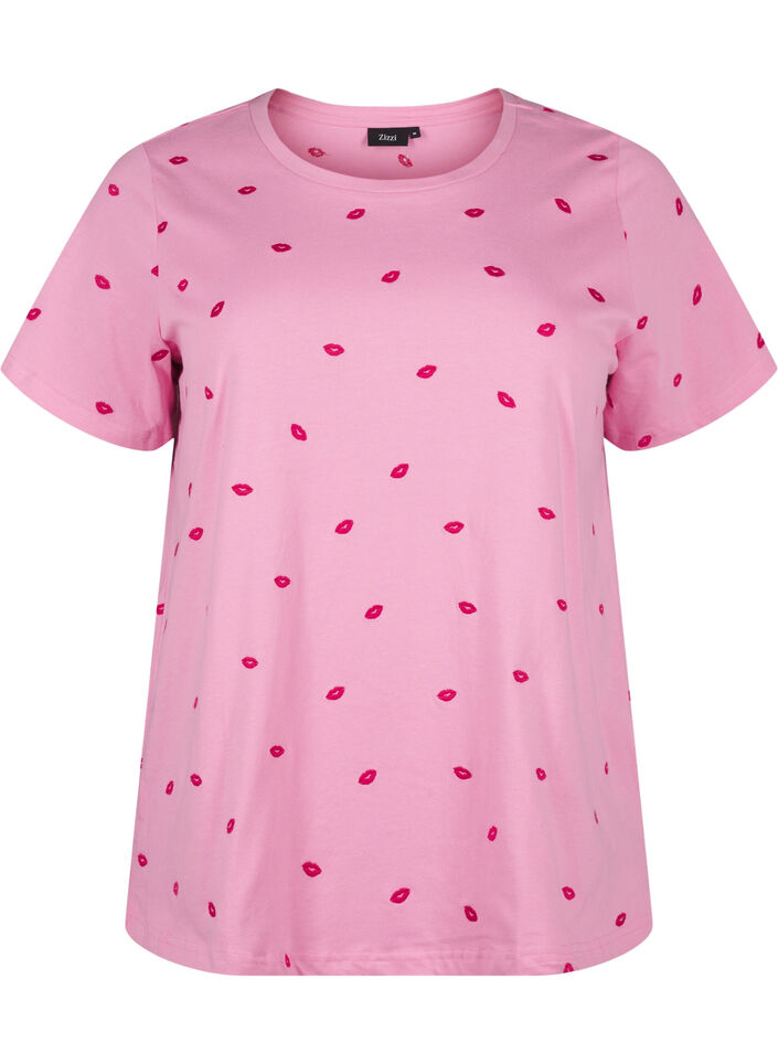 Organic cotton T-shirt with embroidered lips, Rose Bl. Lips Emb. , Packshot image number 0
