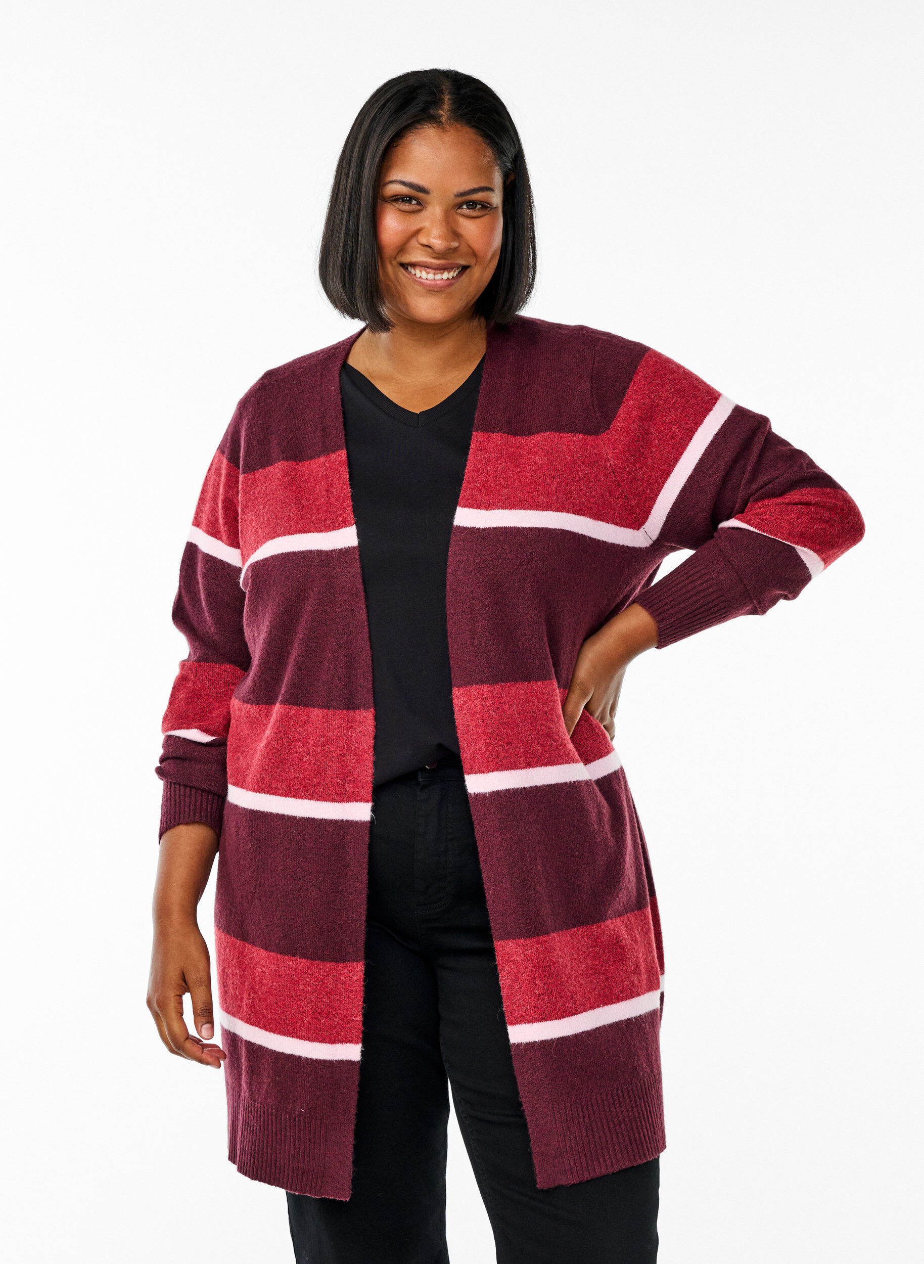 Long knit cardigan with wide stripes, Dark Bordeaux, Model