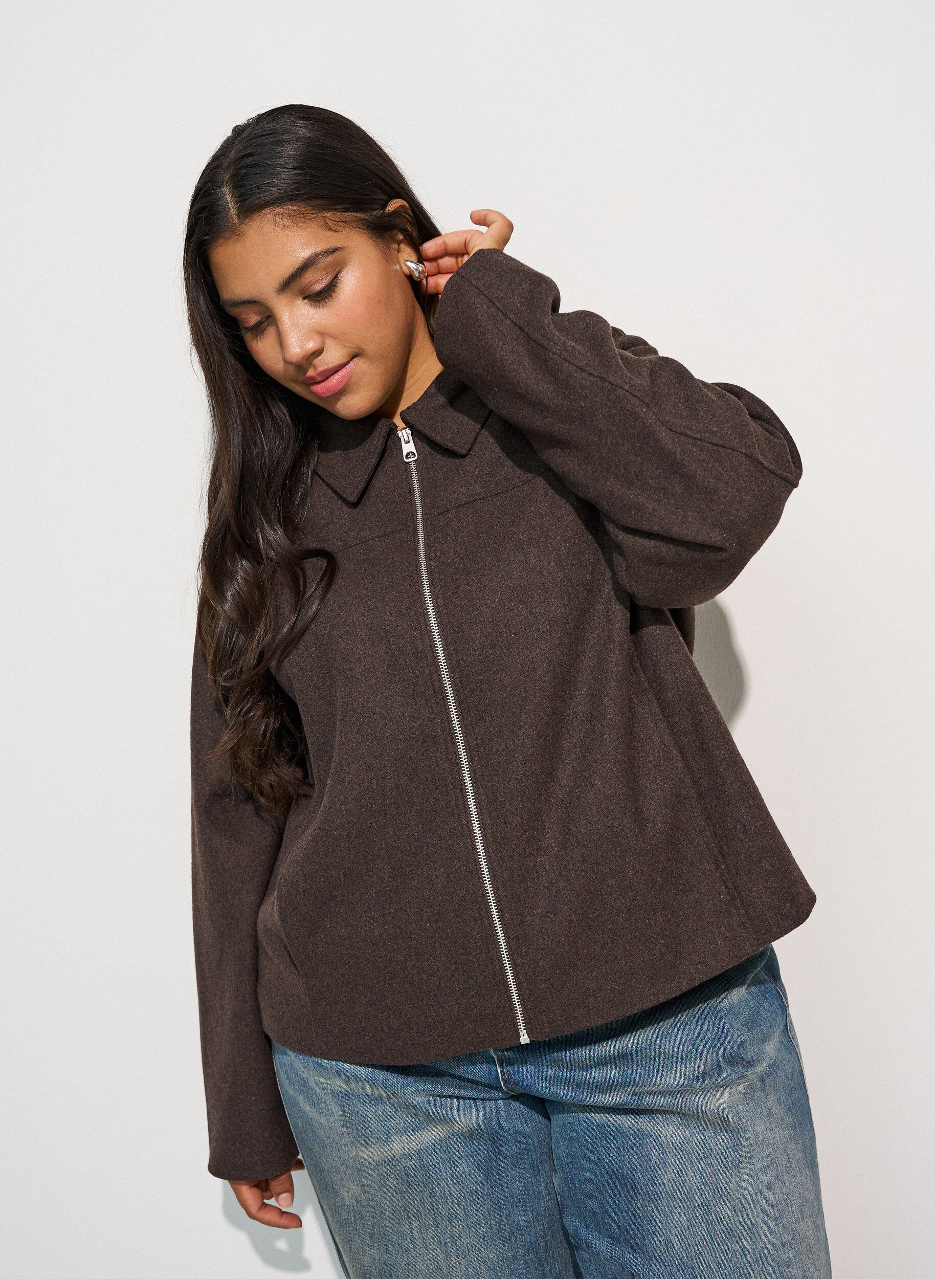 ZizzifashionShort jacket with shirt collar and zip, Brown, Model image number 3