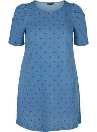 Dotted denim dress with short puff sleeves, Blue denim w. Dot, Packshot image number 0