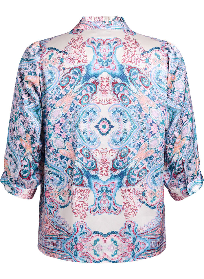 Satin-look blouse with a paisley print and 3/4 sleeves, Blue, Packshot image number 1