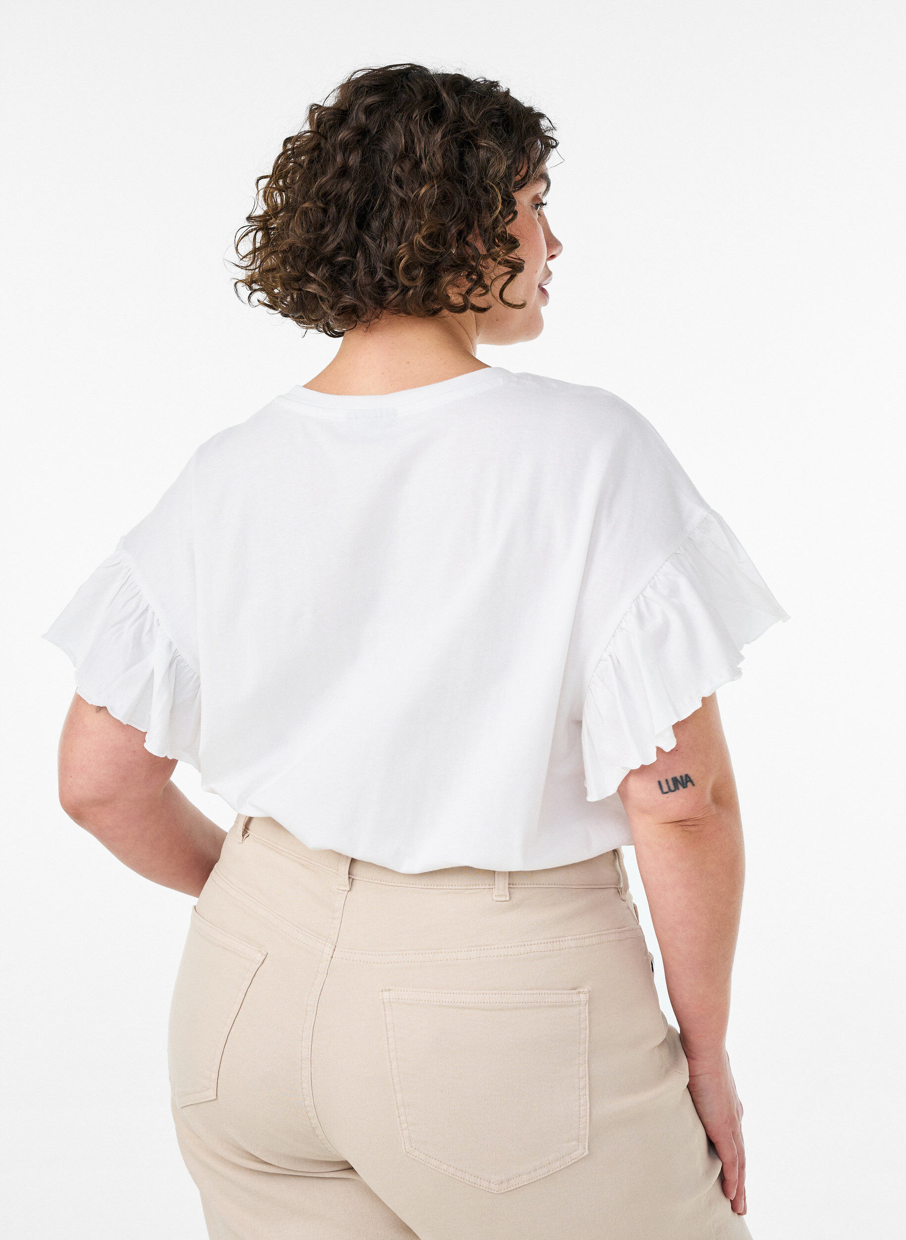 Zizzifashion Organic cotton T-shirt with ruffle sleeves, White, Model image number 2