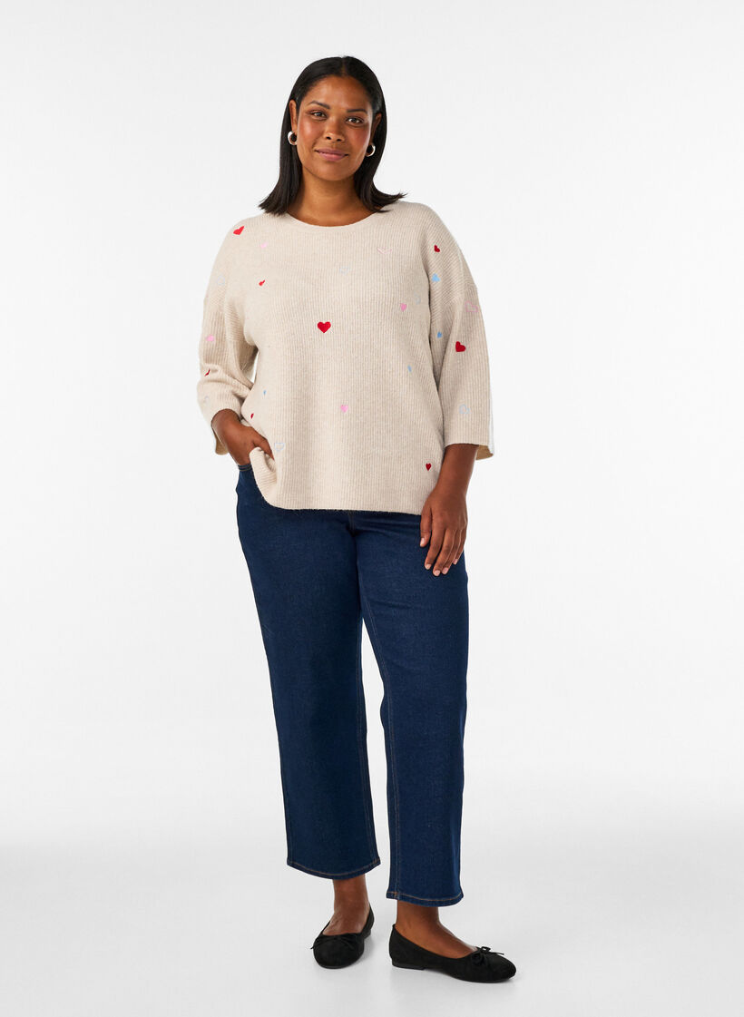 Knitted blouse with hearts and 3/4 sleeves, Beige, Model image number 1