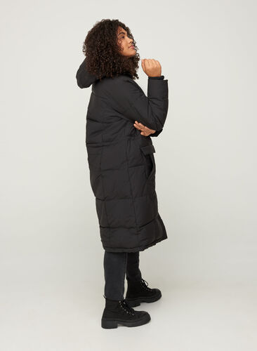 Long winter jacket with a drawstring waist, Black, Model image number 1