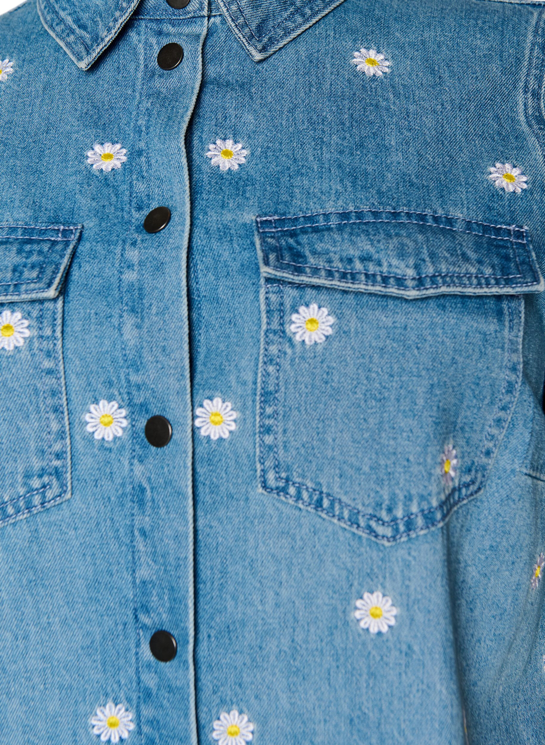 Zizzifashion Short denim dress with embroidered flowers, Light Blue, Packshot image number 2