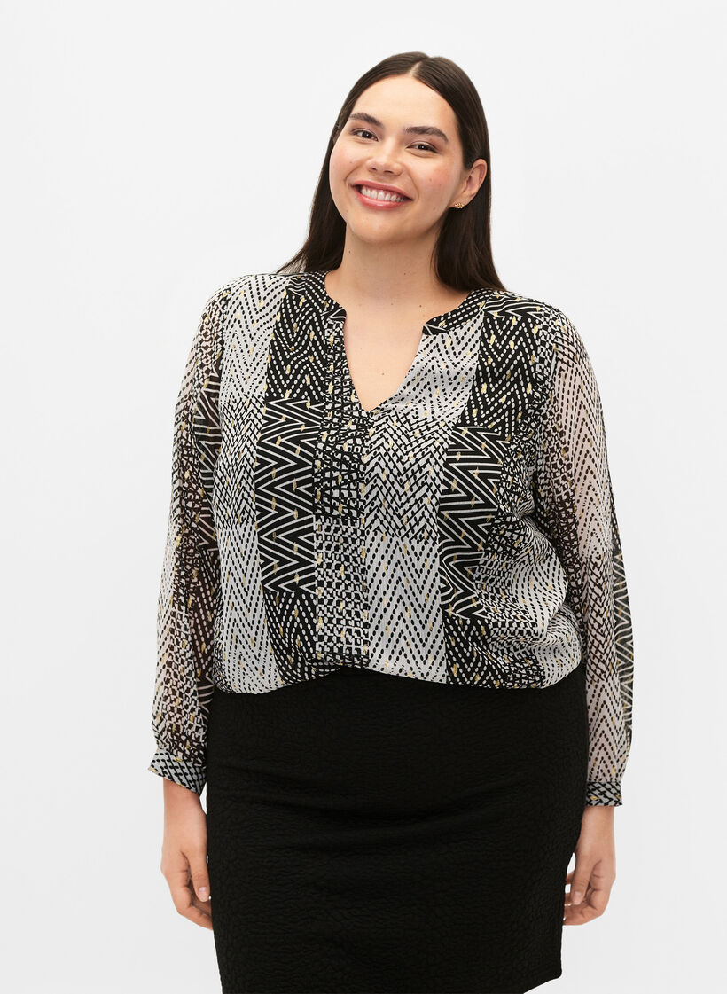 Printed blouse with v-neckline, Black, Model image number 3