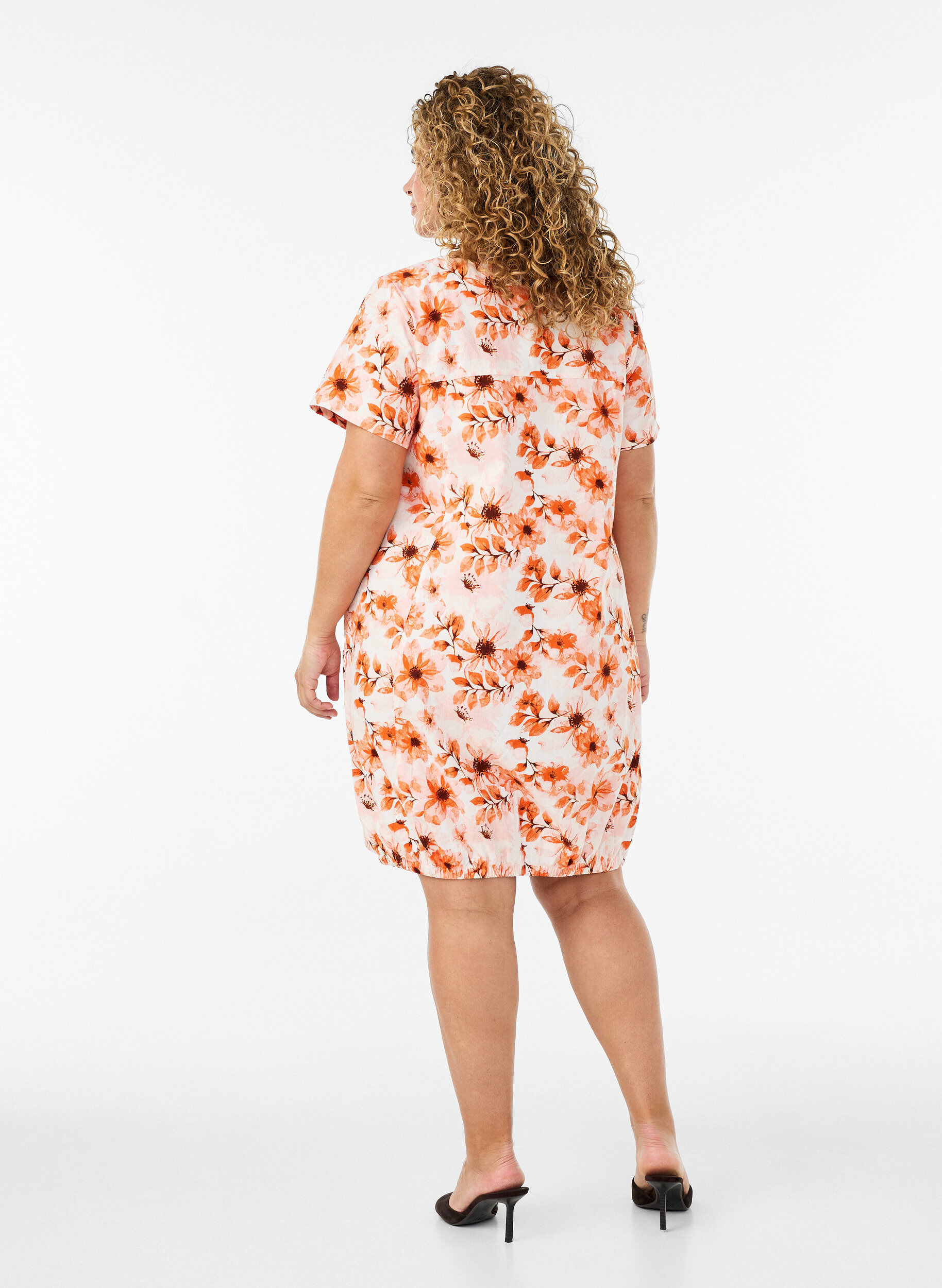 Zizzifashion Short-sleeved cotton dress with print, Orange, Model image number 2