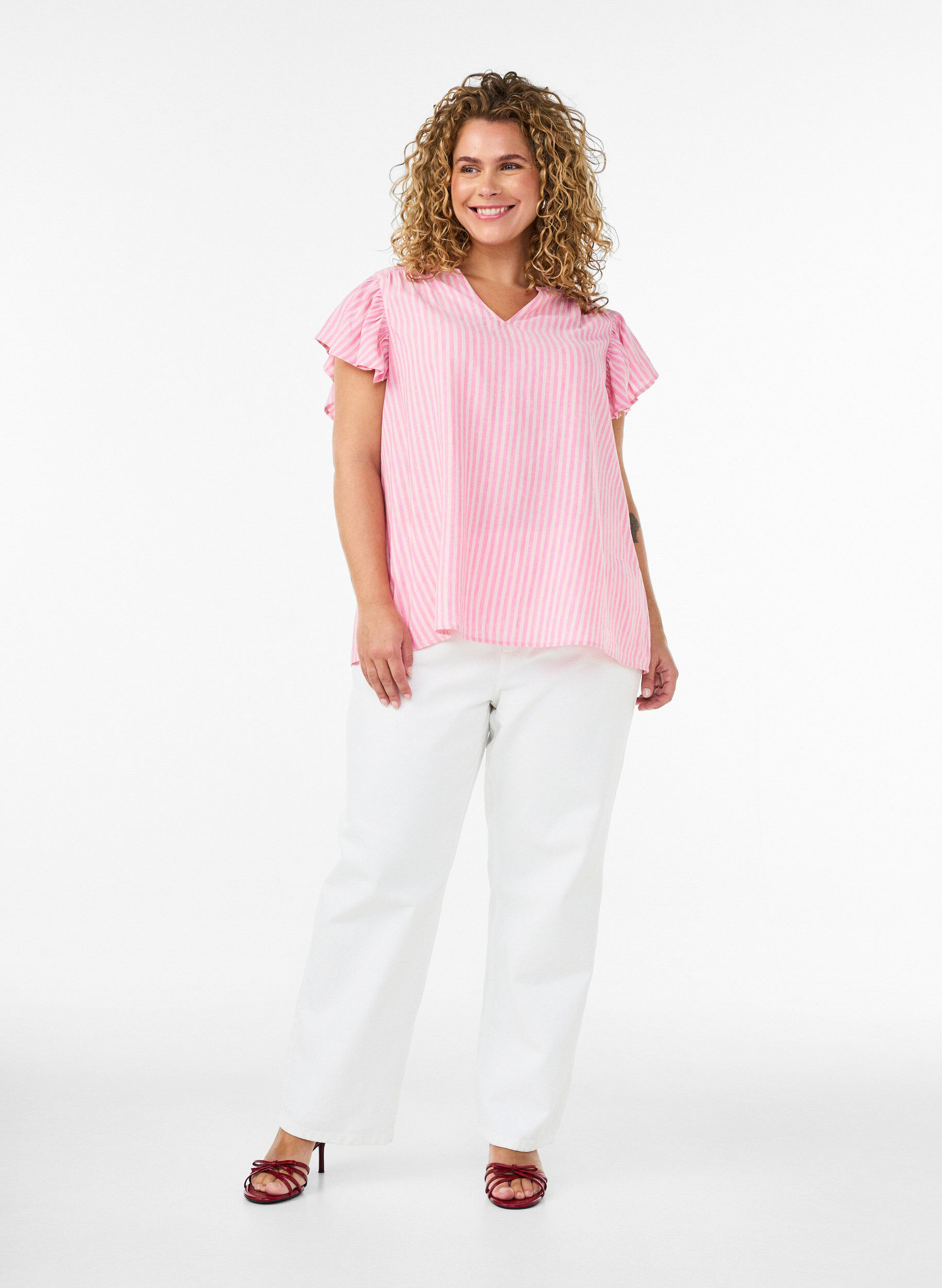 Zizzifashion Viscose and linen blouse with ruffle sleeves, Pink, Model image number 1