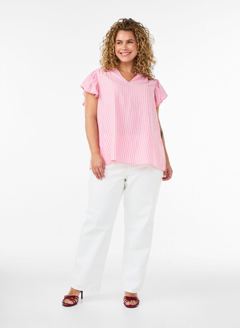 Viscose and linen blouse with ruffle sleeves, Pink, Model image number 1