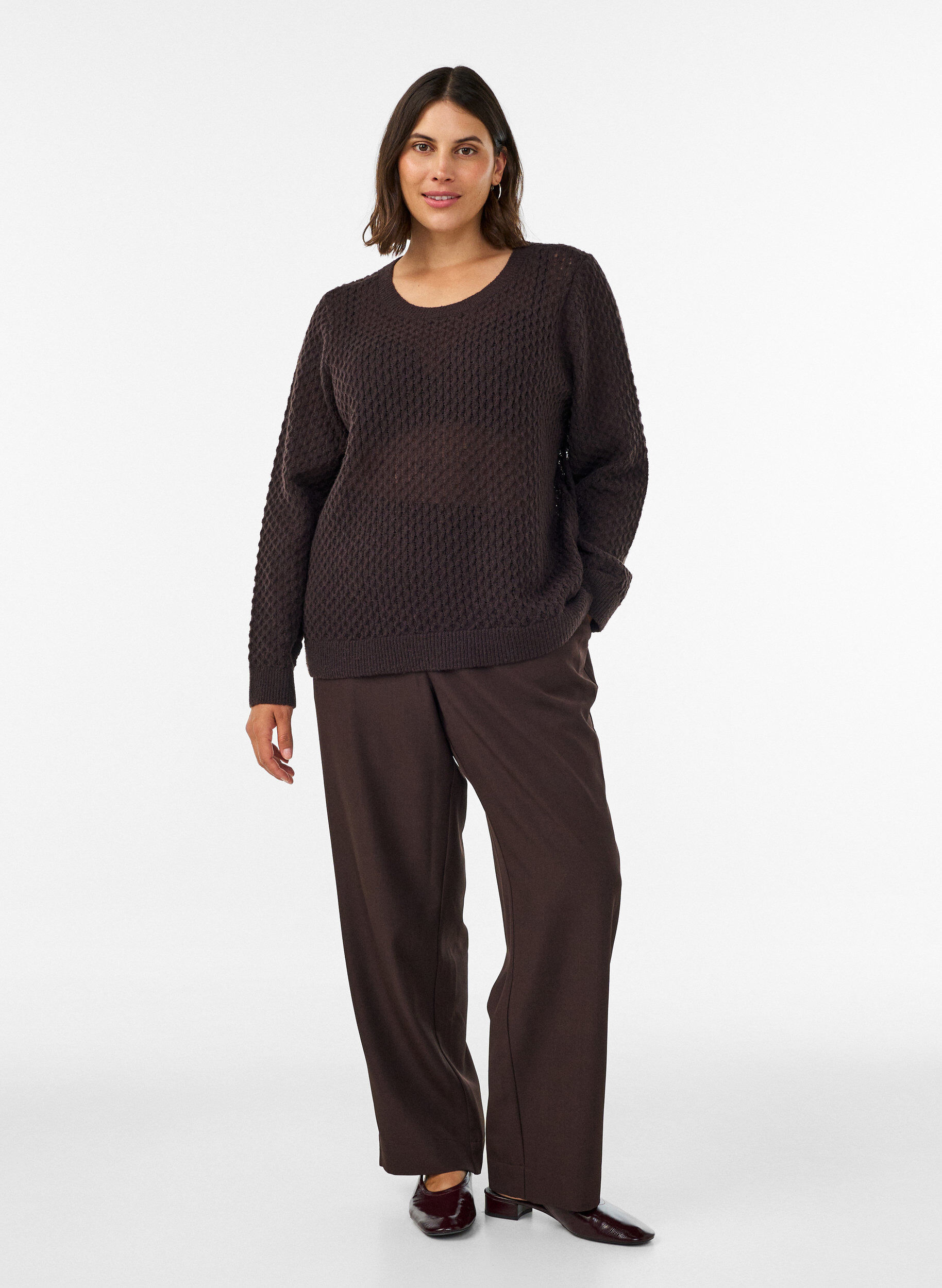ZizzifashionKnitted blouse with a textured openwork pattern, Brown, Model image number 1