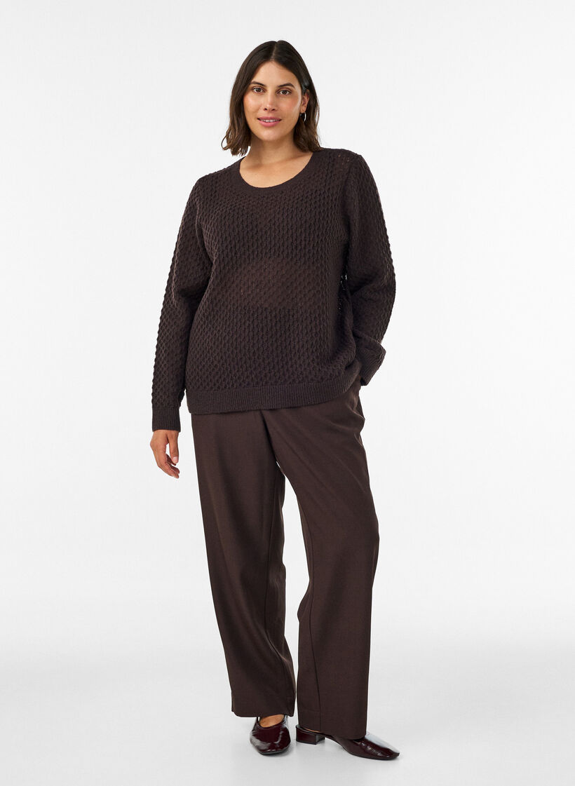 Knitted blouse with a textured openwork pattern, Brown, Model image number 1