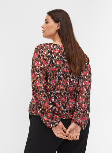 Printed blouse with long sleeves and smocking, Black Oriental, Model image number 1