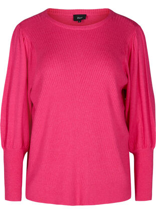 Knitted top with round neck and balloon sleeves , Fuchsia Purple Mel, Packshot image number 0