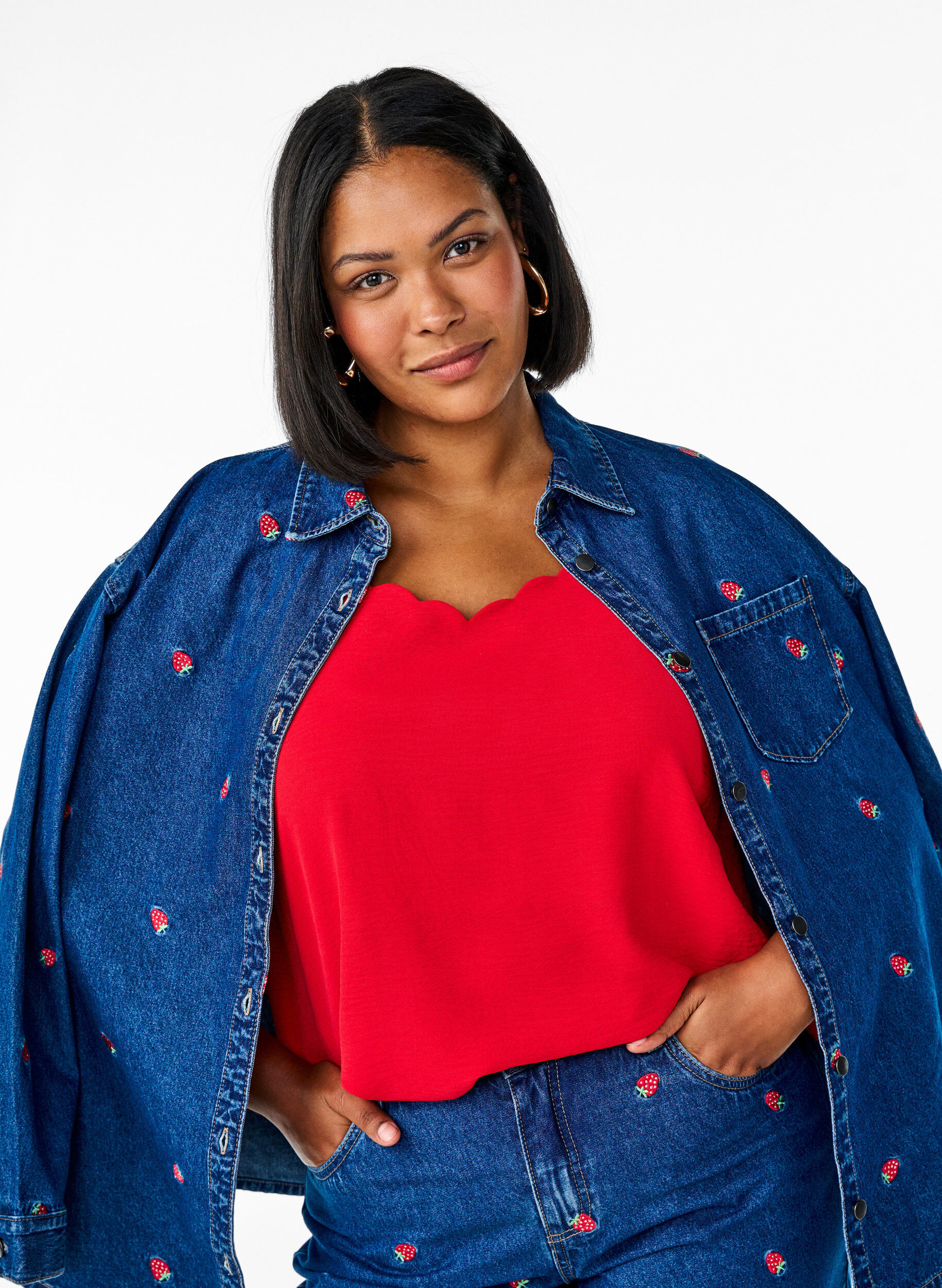 Zizzifashion Denim shirt with embroidered strawberries, Blue, Model image number 3