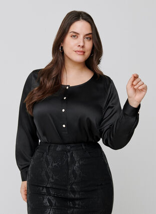 Long-sleeved blouse with feminine buttons, Black, Model image number 0