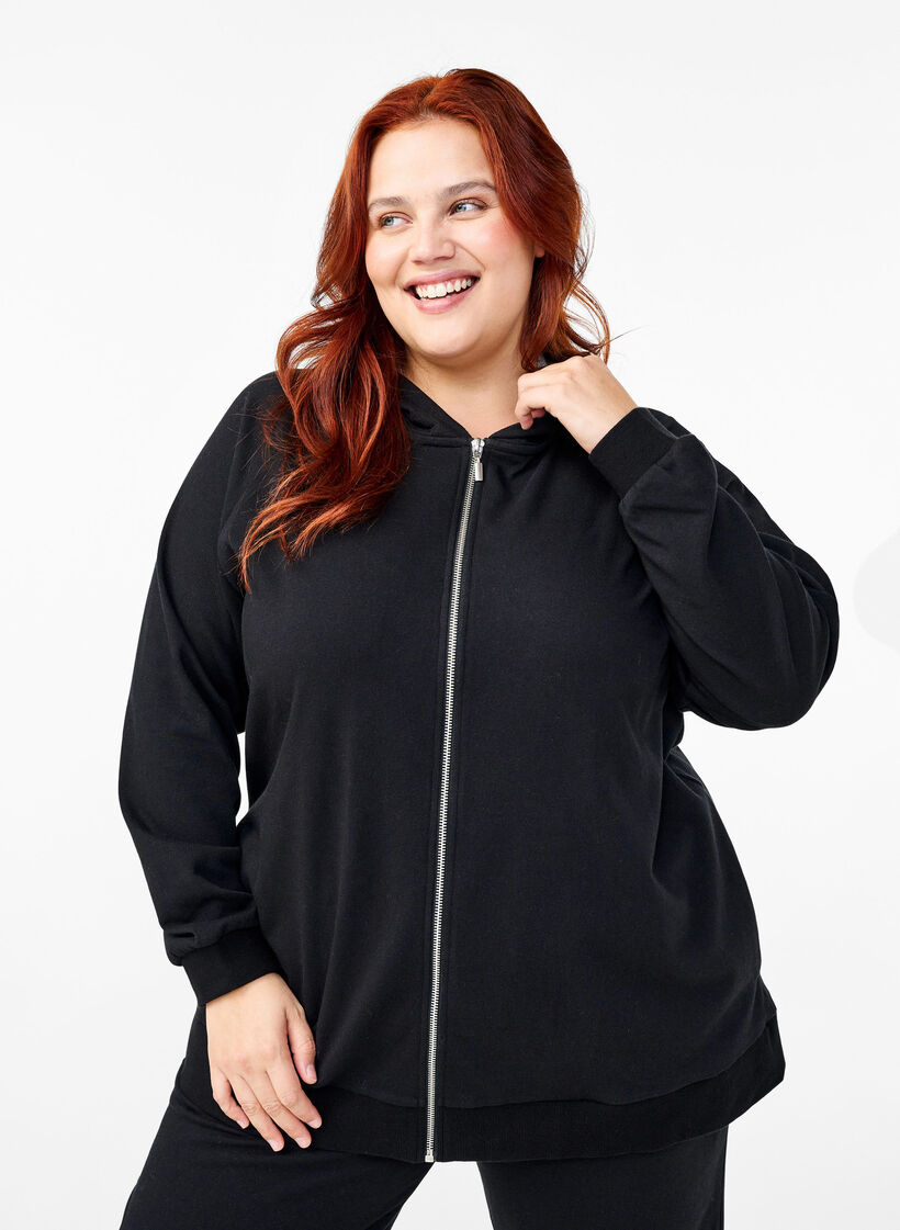 Sweat cardigan with a hood and pockets, Black, Model image number 0