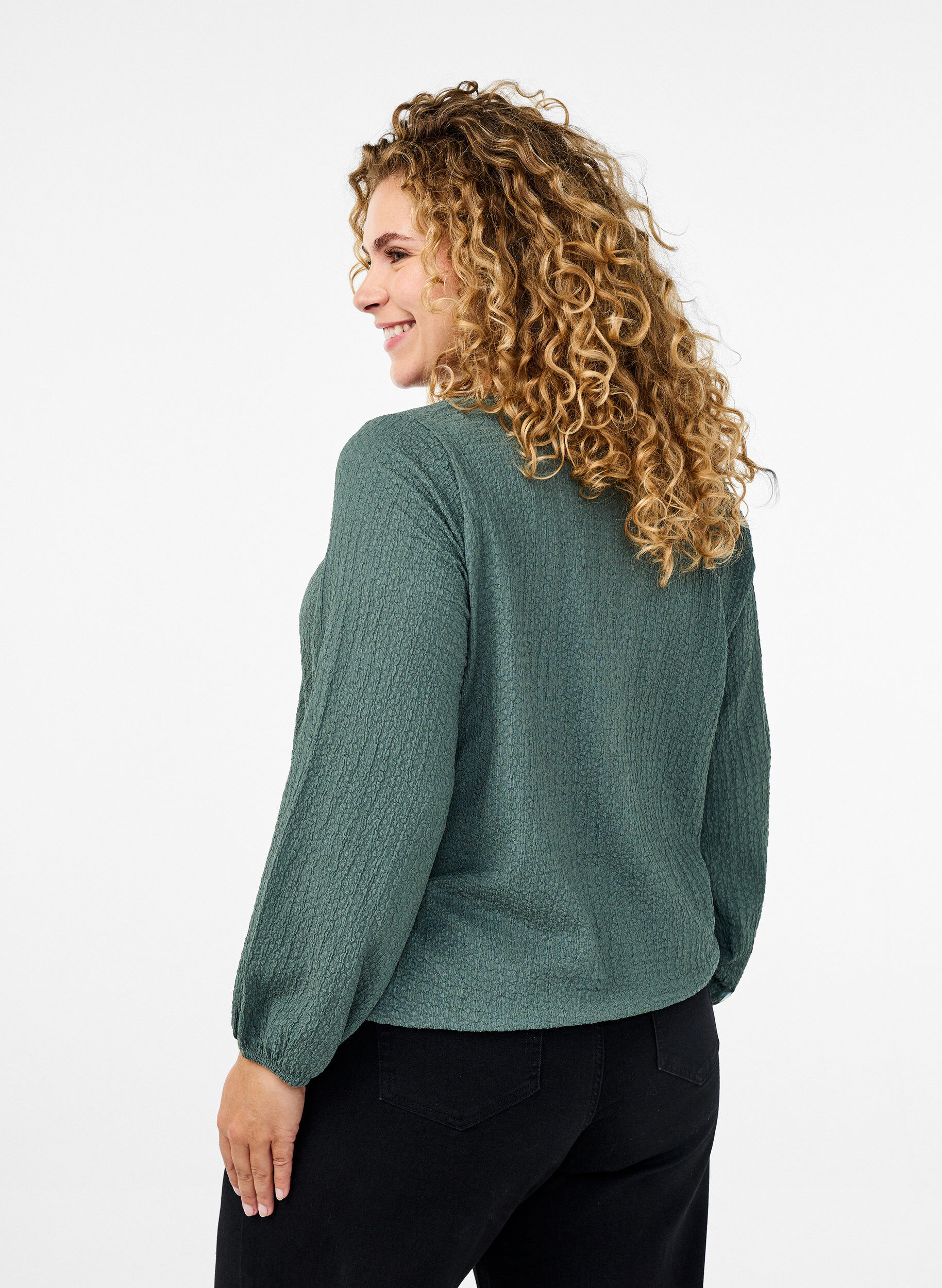 Zizzifashion FLASH - Blouse with texture and long sleeves, Balsam Green, Model image number 1