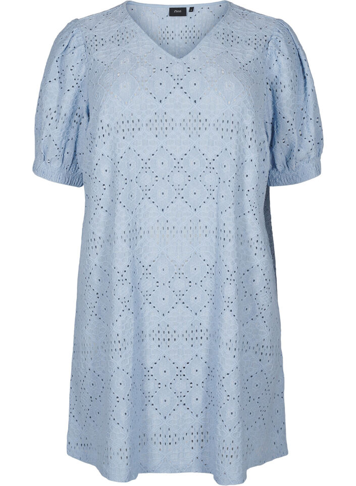 Short dress with v-neck and hole pattern, Cashmere Blue, Packshot image number 0