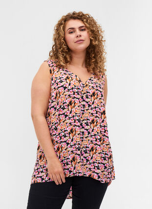 Printed viscose top with buttons, Pink Flower on Black, Model image number 0
