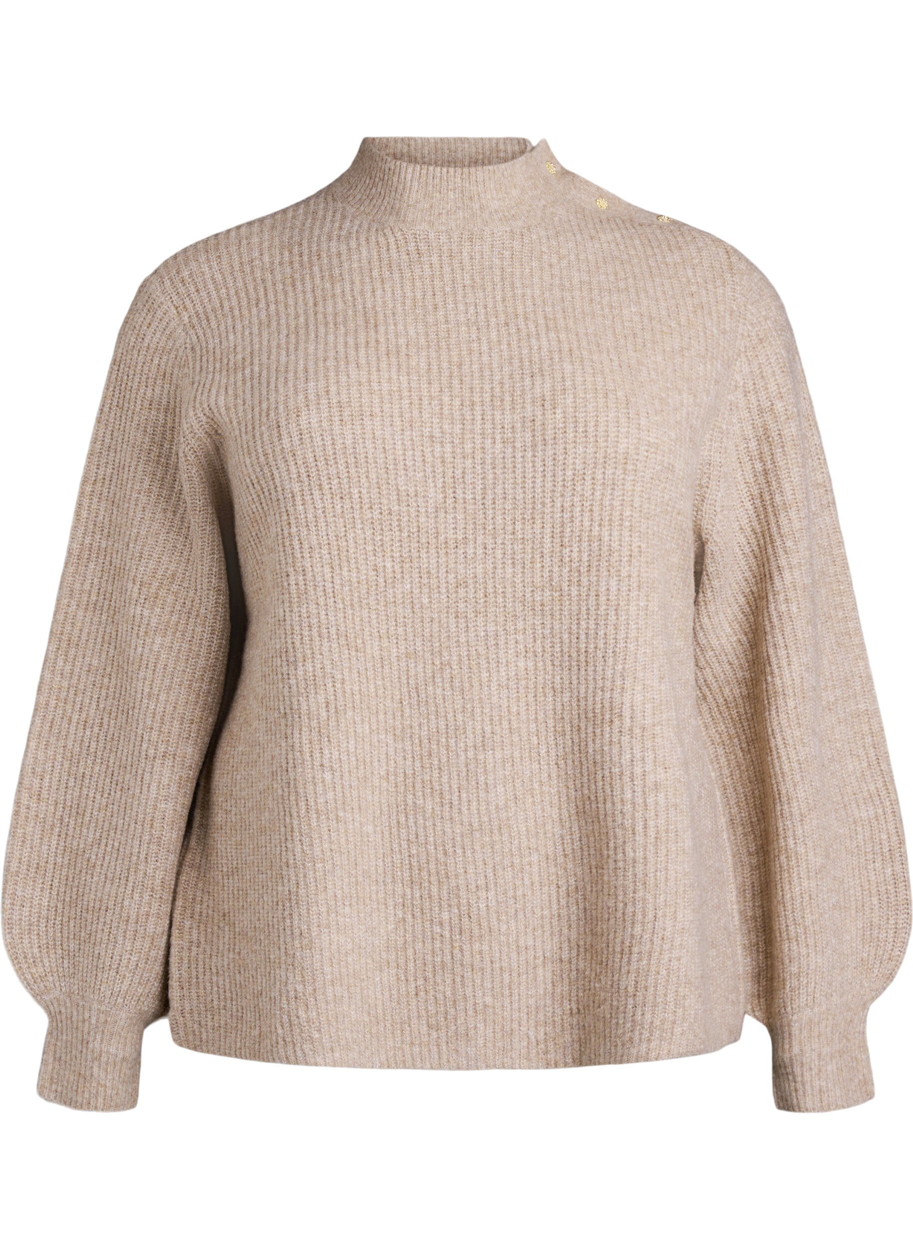 Zizzifashion Ribbed jumper with puff sleeves and buttons, Beige, Packshot image number 0