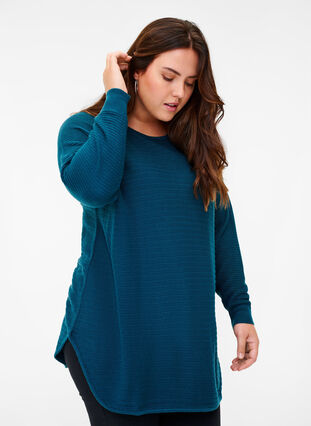 Knit blouse with texture and round neckline, Reflecting Pond, Model image number 0