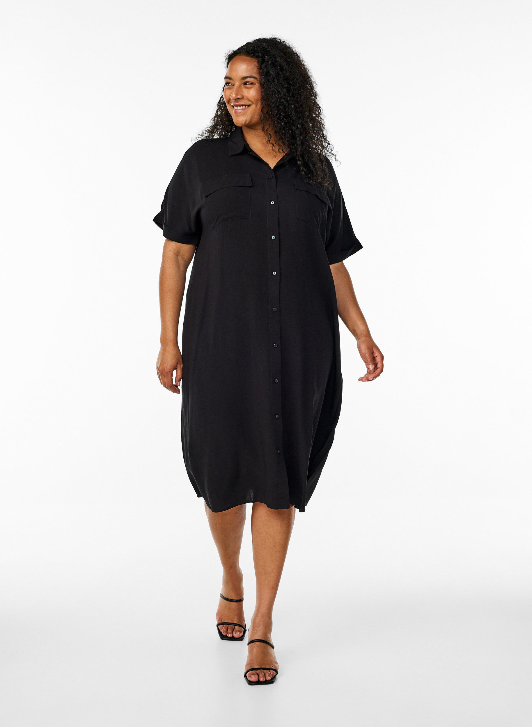 Zizzifashion Long shirt dress with short sleeves, Black, Model image number 1